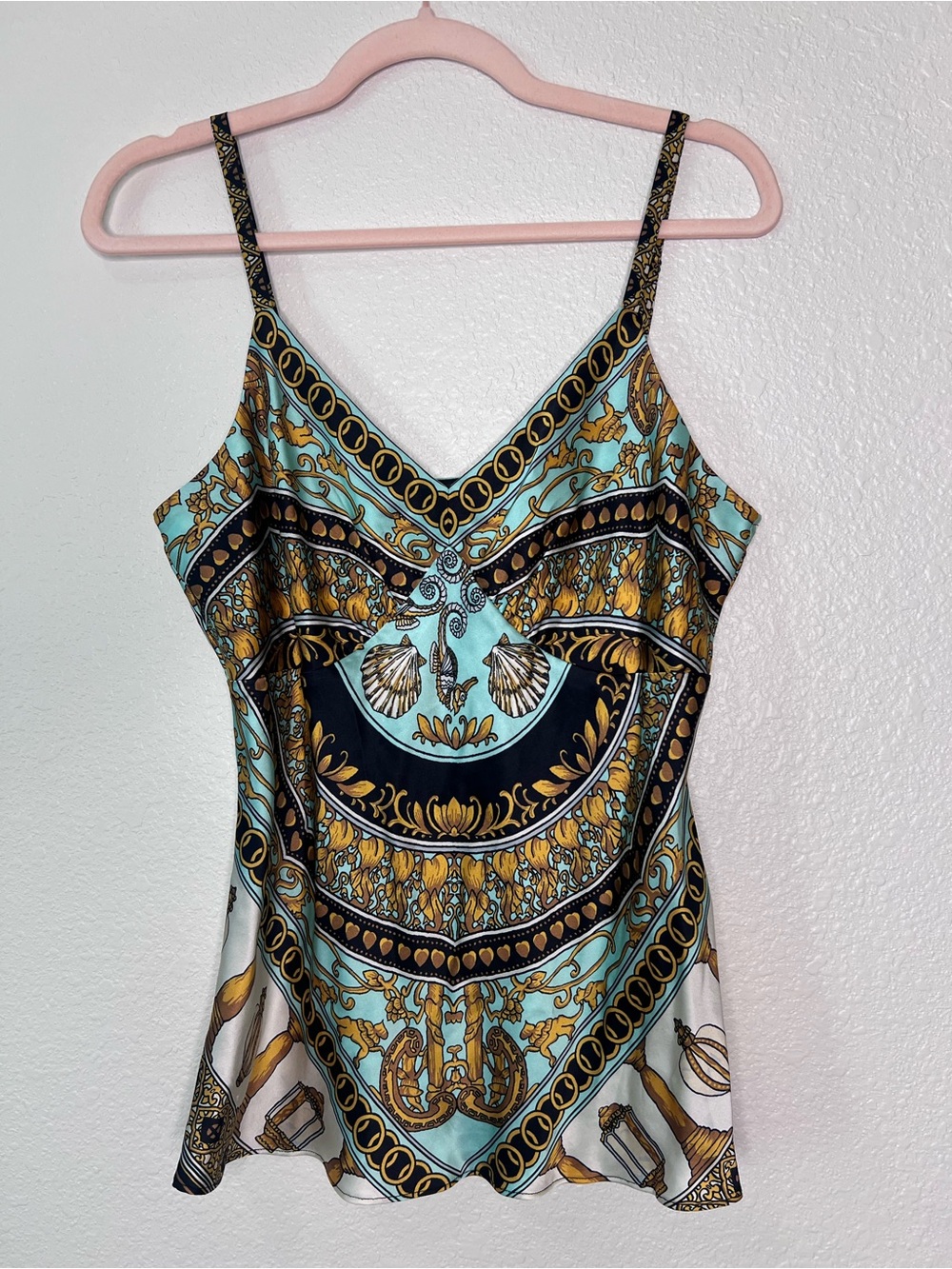 Hale Bob Aqua and Gold Baroque Print Silk Camisole Medium